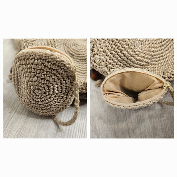 Crochet 100% Rayon Tan Hobo Bag  Drawstring Slouchy Summer Beach Minimalist - Picture 4 of 10